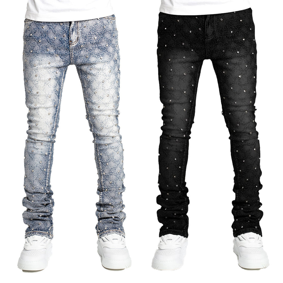 Straight Pearl Layered Denim Jeans Trendy Men