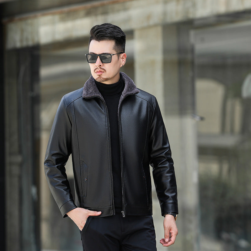 Men’s Fur Lined Leather Jacket Winter Loose Casual Coat