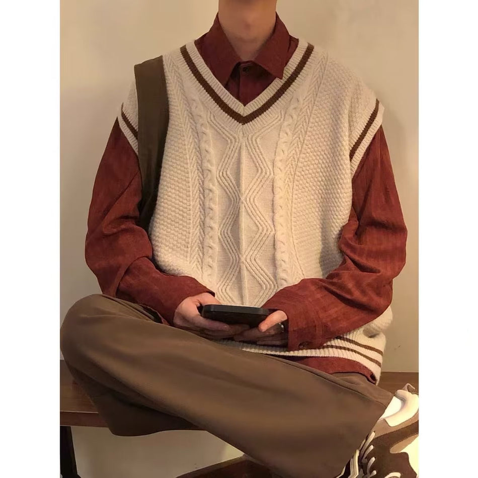 Men’s Sleeveless Sweater – Retro V-Neck Preppy Knit Vest