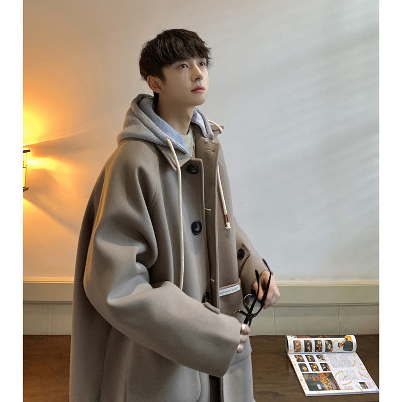 Hooded Overcoat for Men – City Style Mid-Length Wool Jacket