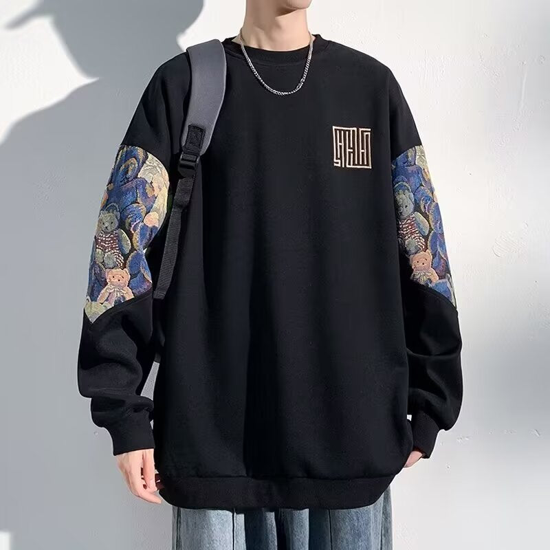 Men’s Bear Patchwork Hoodie Sweatshirt – Loose Retro Fit