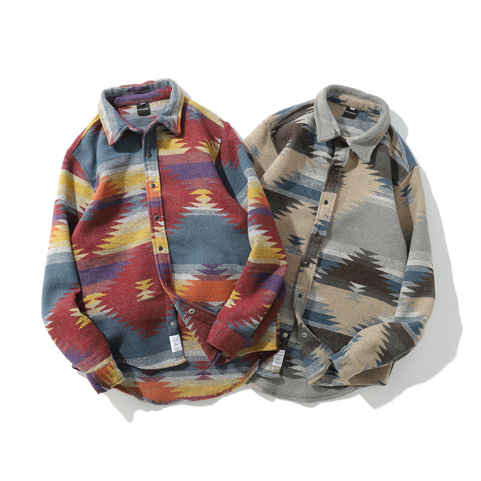 Vintage Ethnic Men’s Overshirt Thick Jacquard Coat