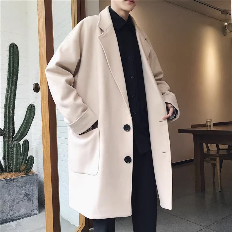 Korean Style Wool Overcoat – Men’s Mid-Length Casual Coat