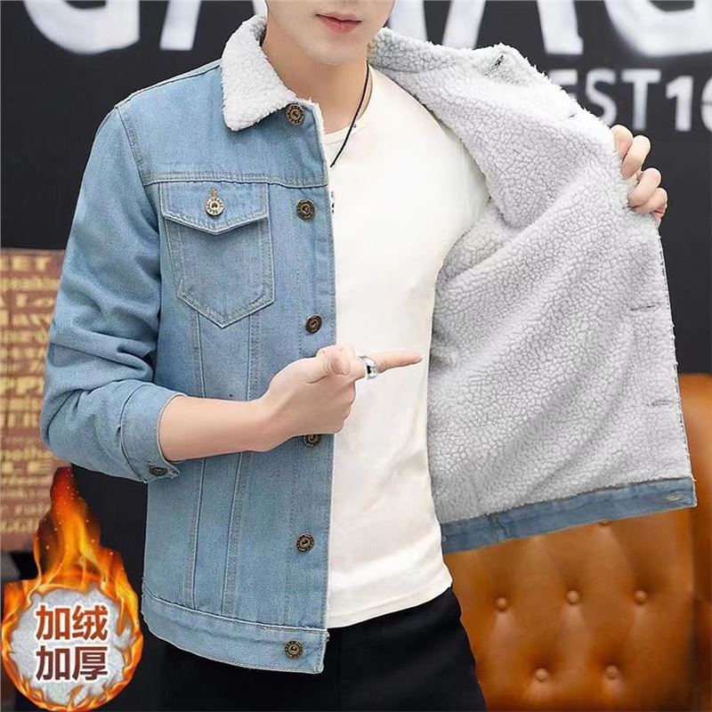 Men's Winter Lamb Fleece Denim Jacket Slim Fit Warm Cotton Coat