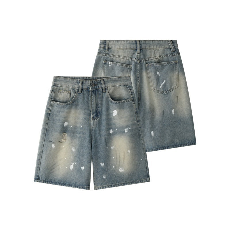 Retro Splash-Ink Denim Shorts for Couples