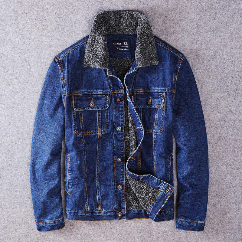 Men's Velvet-Lined Denim Jacket Slim Fit Lamb Velvet Winter Coat