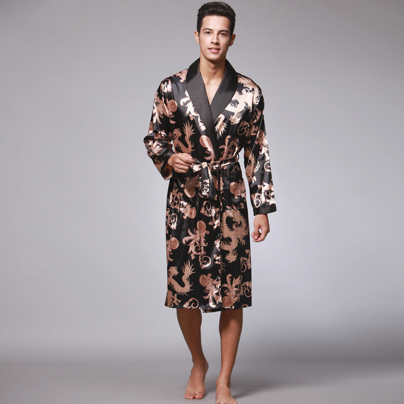 Men’s Ice Silk Pajamas – Long Sleeve Silk Nightgown & Bathrobe for Home