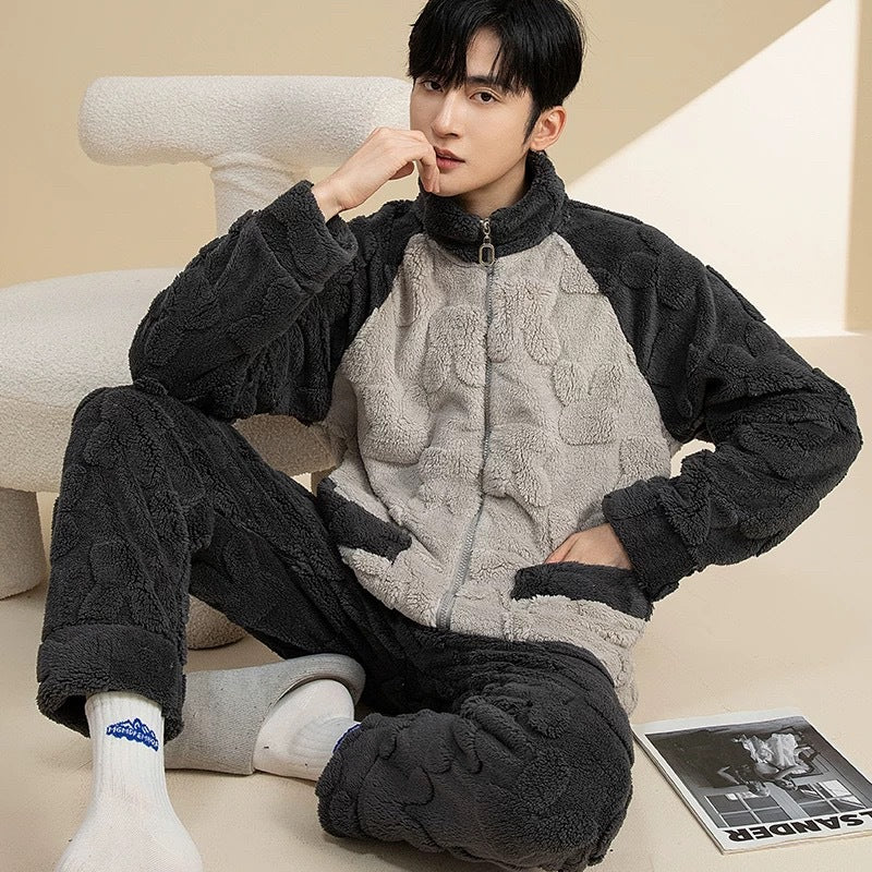 Men’s Coral Fleece Loungewear – Thick Zipper Set