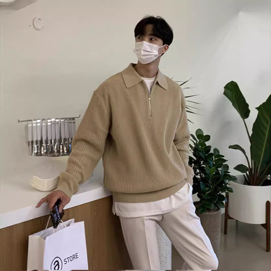 Men's Korean-Style Zipper Knit Jacket – Casual Long Sleeve