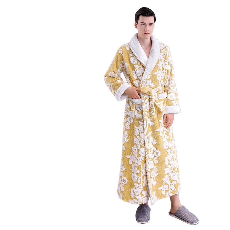 Winter Jacquard Velvet Bathrobe – Thickened Double-Layer Nightgown for Men & Women