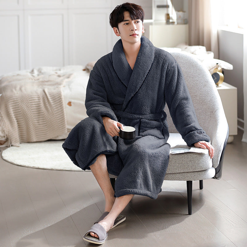 Couple’s Winter Coral Fleece Bathrobe – Thickened Extra-Long Warm Nightgown for Men