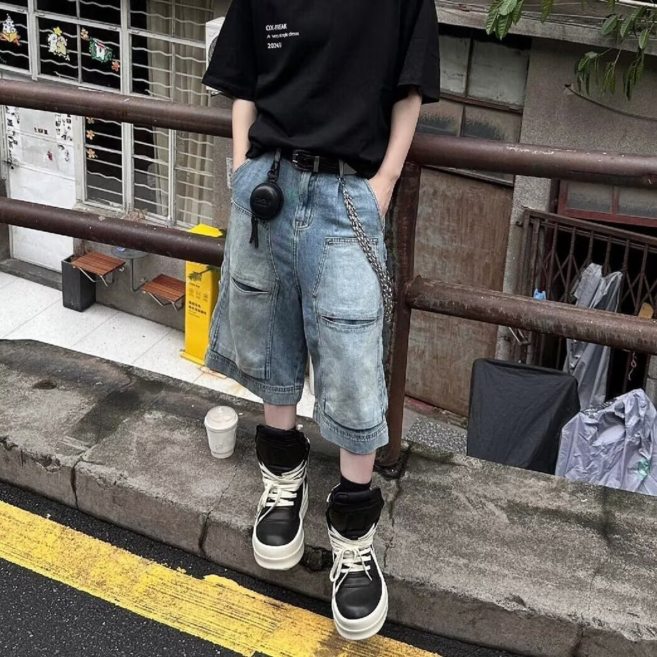 Workwear Style Multi-Pocket Denim Shorts