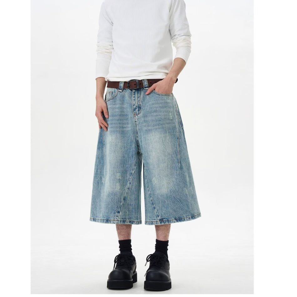 Deconstructed Washed Unisex Denim Cropped Shorts