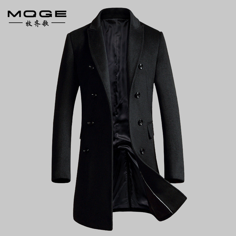 Korean-Style Men’s Wool Coat – Slim Mid-Length Double-Breasted