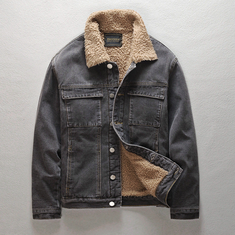 Men's Black Denim Jacket Fleece-Lined Thickened Fur Collar Winter Coat