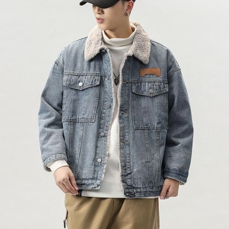 Men’s Winter Denim Jacket | Japanese Korean Style Fleece Fur Collar