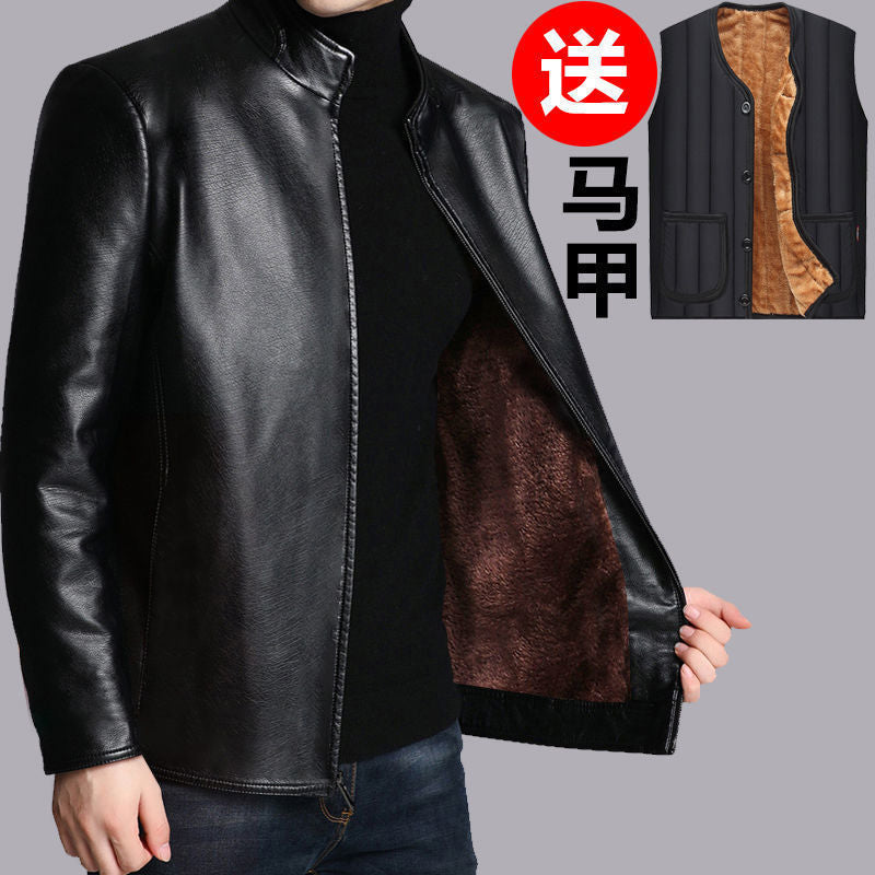 Men’s Velvet Thickened Leather Jacket Winter Large Size